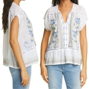 Johnny Was Noah Embroidered Floral Peasant Blouse Top White Size Small